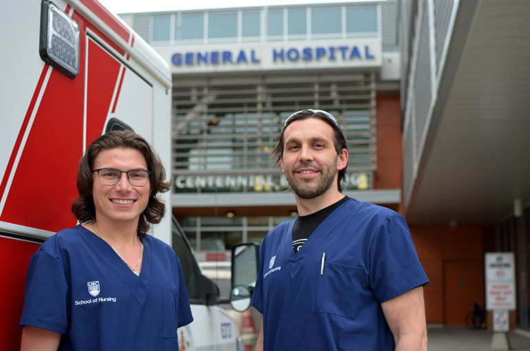 Brothers, Adrian, right, and Quinn Van de Mosselaer took dramatically different paths leading to them joining the School of Nursing as first-year students. The Shuswap Nation brothers, who live together, take a break outside Kelowna General Hospital after a clinical session.